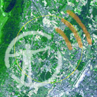 An aerial satellite photo of the Large Hadron Collider in Switzerland, with the AMNH podcast logo overlaid on top.