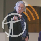 Joel Cracraft delivers a scicafe talk to a crowd at the museum, with museum podcast logo overlaid on top.