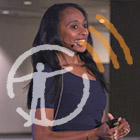 Rae Wynn-Grant lectures about black bears and human interactions to an audience at the museum, with museum podcast logo overlaid