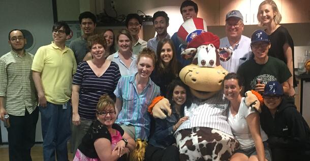 Staten Island Yankees mascot with graduate students and staff