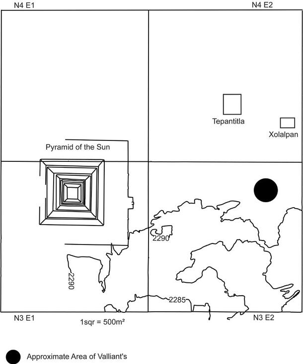 A simple line map of the Teotihuacan area featuring the Pyramid of the Sun.