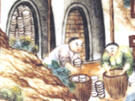 A painting of two people, each reaching into large round receptacles to extract smaller objects, while seeming to have a conversation.