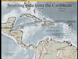 A slide titled "Sourcing jade from the Caribbean" with a map of the Caribbean Sea, its islands, and the coasts of Central and South America.