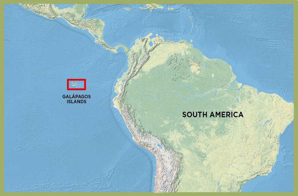 A map highlighting the Galapagos Islands off the Western coast of South America.