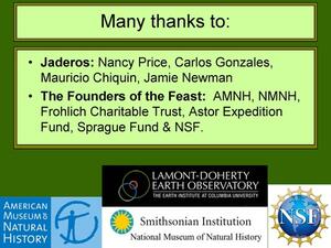 A slide titled "Many thanks to" with text, and the logos of the American Museum of Natural History and three other science institutions.