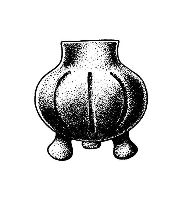 A rendering of a wide-neck round-body vessel on three legs, captioned, "Red-on-Buff pottery."