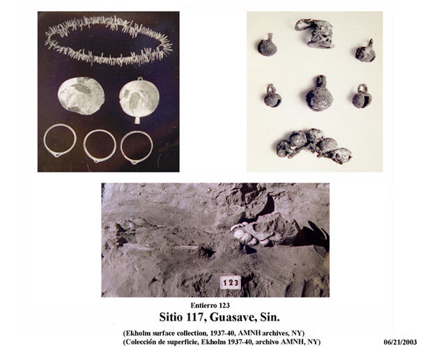 Two images of small decorative objects including pendants, and a photo of an excavation site.