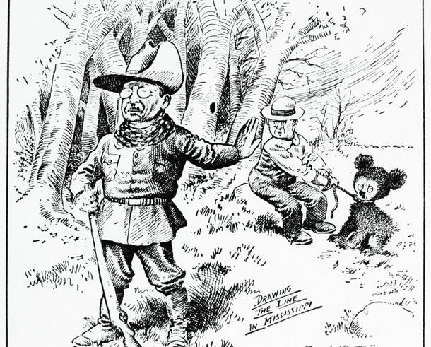 Exaggerated cartoon of Theodore Roosevelt, wearing a big hat and holding a gun, walking away from a person holding a tied up small bear.