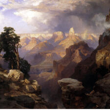 A painting by Thomas Moran depicting a cliffside overlooking Grand Canyon, with a cloudy sky overhead.