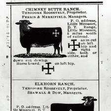 Newspaper ad for Chimney Butter Ranch and Elkhorn Ranch listing Theodore Roosevelt as proprietor, with illustrations of cattle.