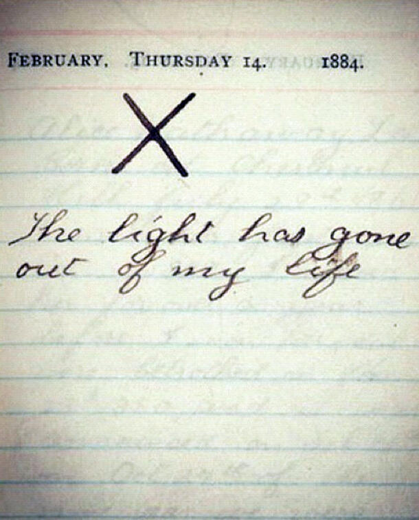 Handwritten page with a large X above text "The light has gone out of my life."