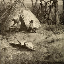 Illustration of two people, one seated and one bending over, outside of a teepee in a grassy landscape.