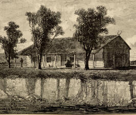 Illustration of a ranch house beside a body of water, with trees in front and a person standing on the porch holding a rifle.