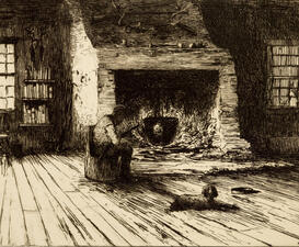 Illustration of a rancher sitting in a chair indoors in front of a fire, reading, and a dog lying on the floor.
