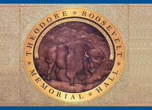 Medallion with border reading "Theodore Roosevelt Memorial Hall" and a raised engraving of a bison at the center.