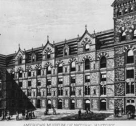 Historical illustration of the exterior of the American Museum of Natural History with about 20 people standing outside.