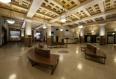 Interior of the Theodore Roosevelt Memorial Hall, with three rounded benches creating a circle.