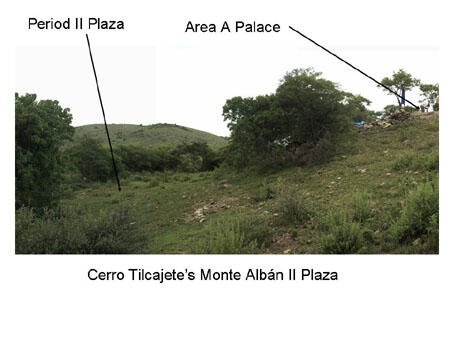 A dry grassy hill with some scrubby bushes, once the site of Cerro Tilcajete's Monte Albán II Plaza, 100 B.C. to 200 A.D.