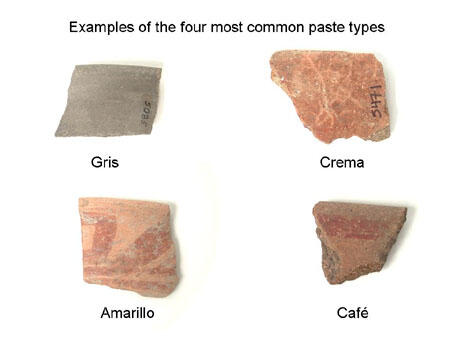 Four potsherds representing the four most common paste types: gris, crema, amarillo, café.