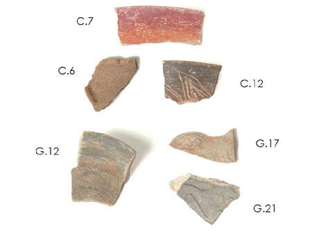 Six potsherds with different colored finishes, labeled: C. 7, C. 6, G. 12, G. 21, G. 17, C. 12.