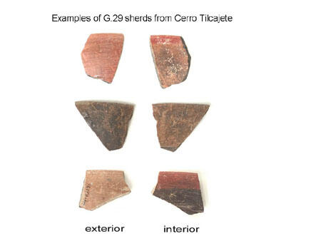 Six potsherds with different colored exterior and interior finishes. They are examples of G.29 sherds from Cerro Tilcajete.