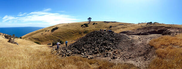 Expansive view of the hills surrounding Emu Bay, on Kangaroo Island, Australia.