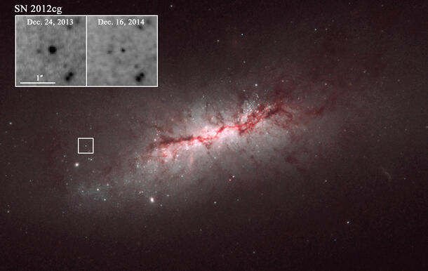 Galaxy NGC 4424 with a square around the type Ia supernova & an inset close-up showing the difference in brightness a year apart.
