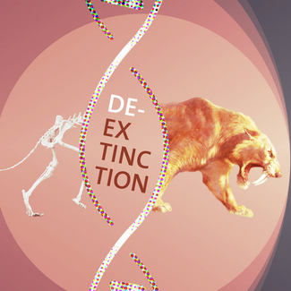 A sabertooth tiger on a pink background with a strand of DNA bisecting it. Inside the DNA it reads "De-Extinction". 