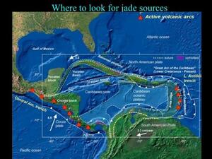 Under the title "Where to look for jade sources," a map of the Caribbean Sea, ringed by the Gulf of Mexico, Atlantic Ocean, southeastern US, and the coasts of Central and South America.