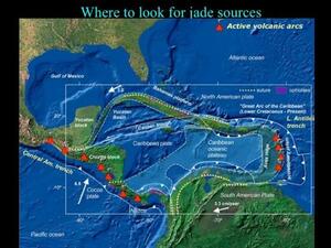 Under the title "Where to look for jade sources," a map of the Caribbean Sea, ringed by the Gulf of Mexico, Atlantic Ocean, southeastern US, and the coasts of Central and South America.