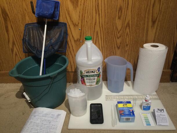 Materials for an experiment laid out: a bucket, butterfly nets, vinegar, a pitcher, paper towel, a PH kit, ice and a notebook.