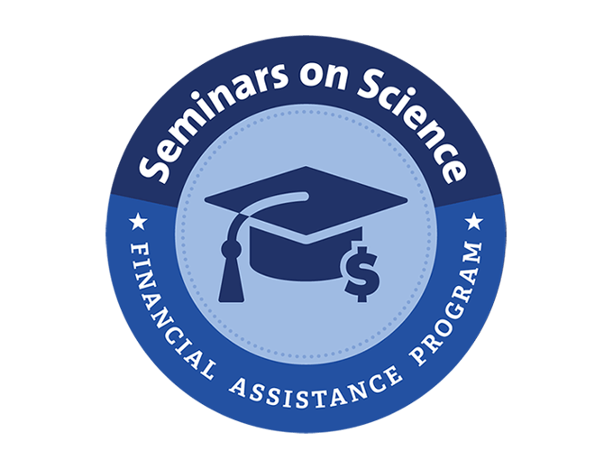 Round Badge with graduation cap & dollar sign in the middle, encircled by text reading "Seminars on Science Financial Assistance Program"