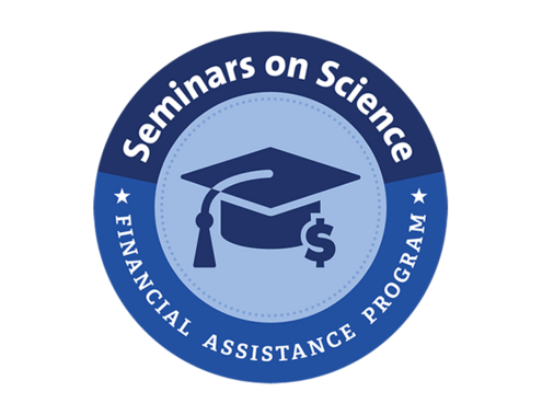 Round Badge with graduation cap & dollar sign in the middle, encircled by text reading "Seminars on Science Financial Assistance Program"