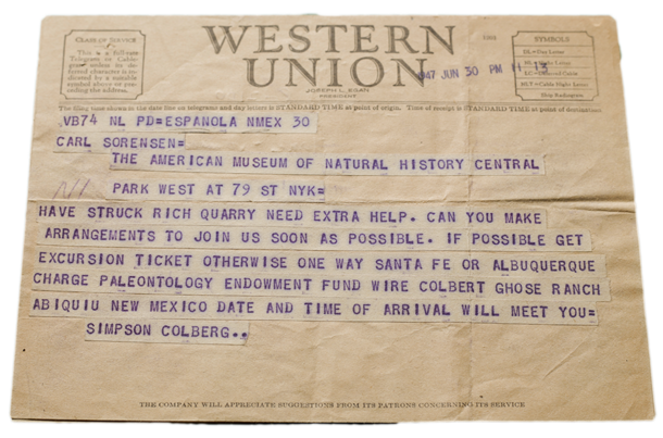 A Western Union telegram dated June 30, 1947 to Carl Sorensen from Simpson Colberg beginning "Struck rich at quarry need extra help."