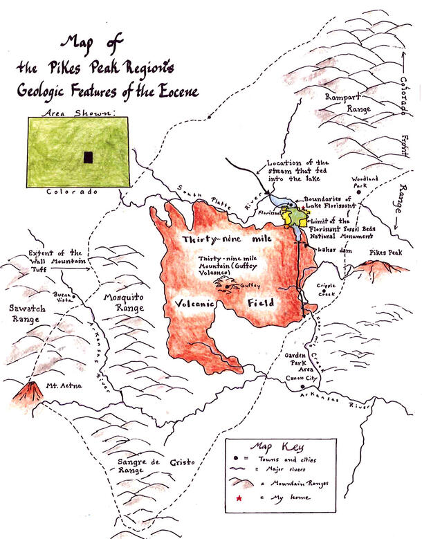 Hand-colored map of Eocene geologic features in the Pike's Peak region.