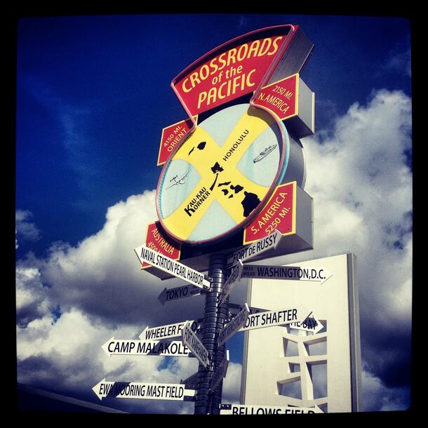 A signpost with arrows to global destinations from Kai-Kau Korner in Honolulu.