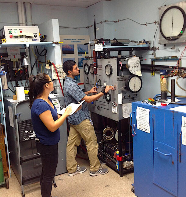 Saebyul and Keiji check runs conditions in Experimental Petrology lab