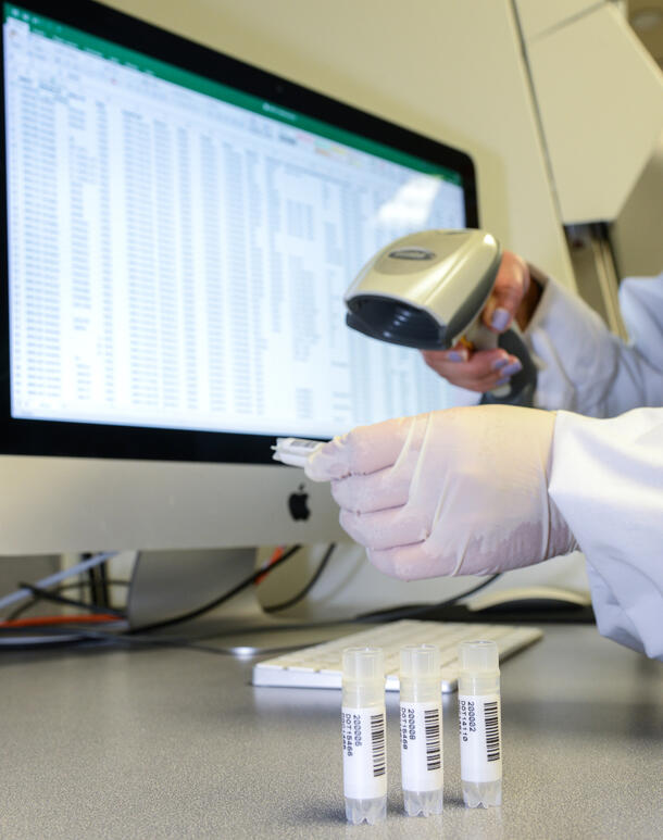 Barcoded sample tubes being scanned for accession in to the AMCC